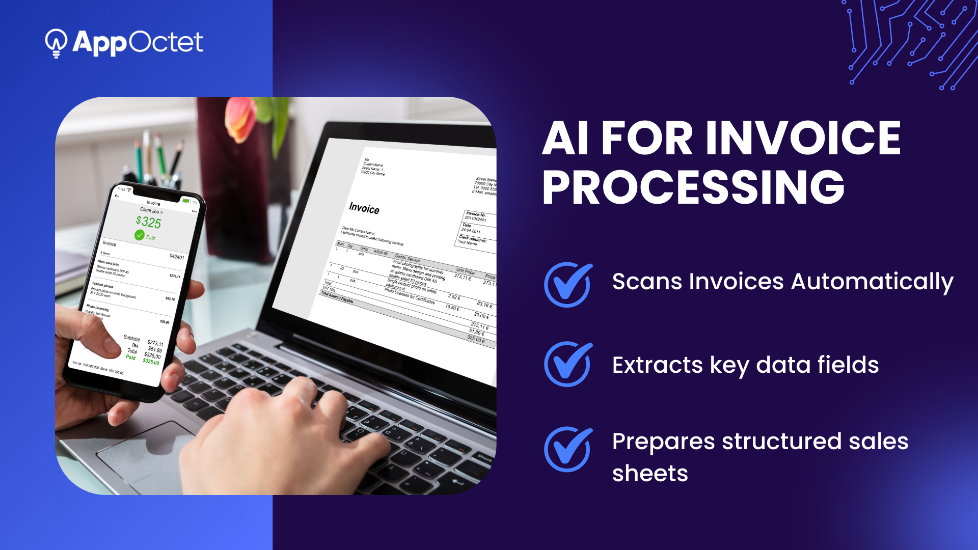 AI invoice processing agent scanning invoices, extracting data, and generating structured sheets.
