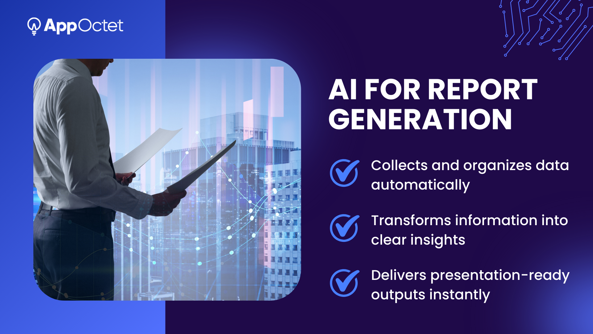AI report generation system collecting data, transforming insights, and producing presentation-ready reports.