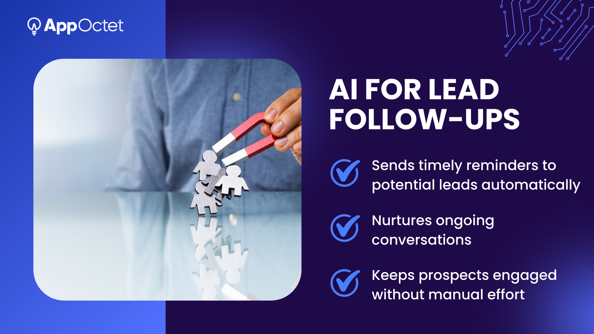 AI lead follow-up automation graphic showing reminders, conversation nurturing, and prospect engagement.