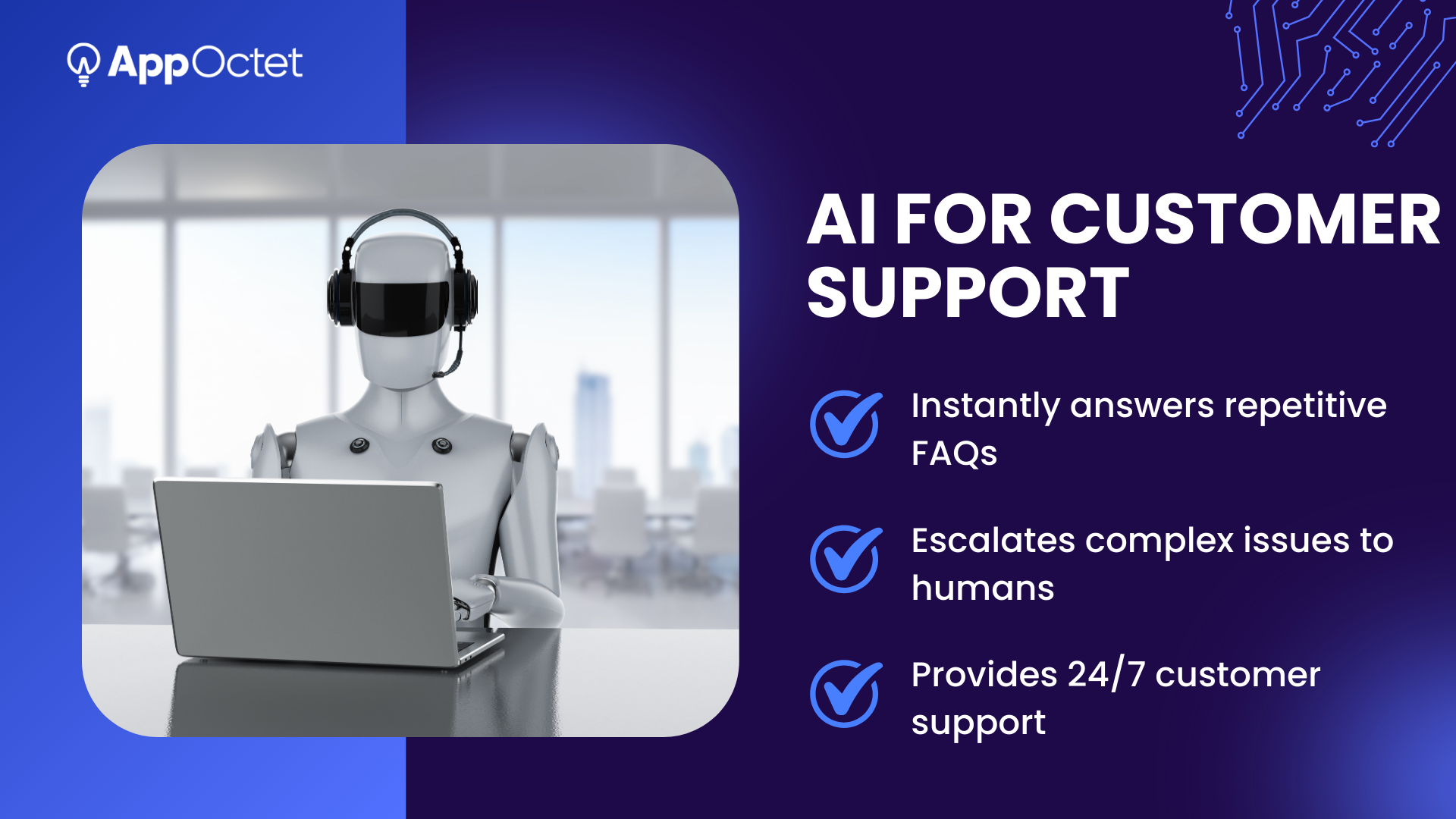 AI customer support agent answering FAQs, escalating issues, and providing 24/7 service.