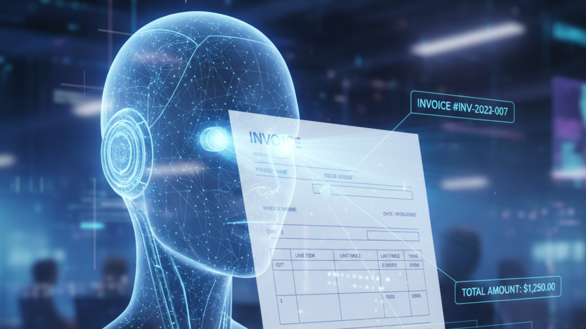 Invoice processing AI Agent robot scanning business invoice and analyzing data