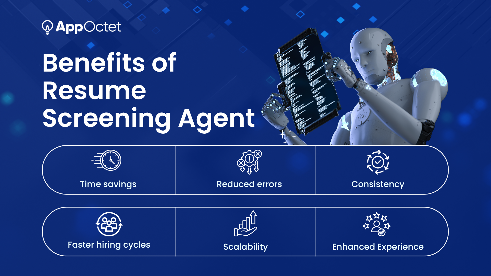 Graphic showing benefits of Resume Screening Agent: Time savings, Reduced errors, Consistency, Faster hiring cycles, Scalability, and Enhanced experience