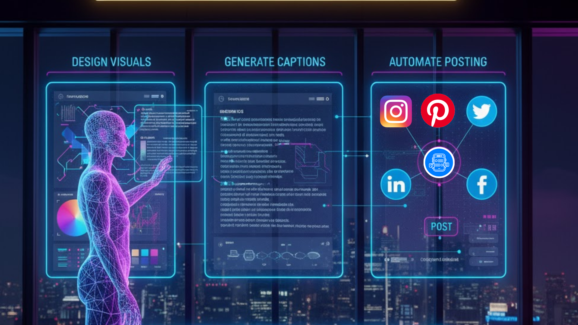 AI Agent hologram creating visuals, writing captions, and automating posts across social media platforms.