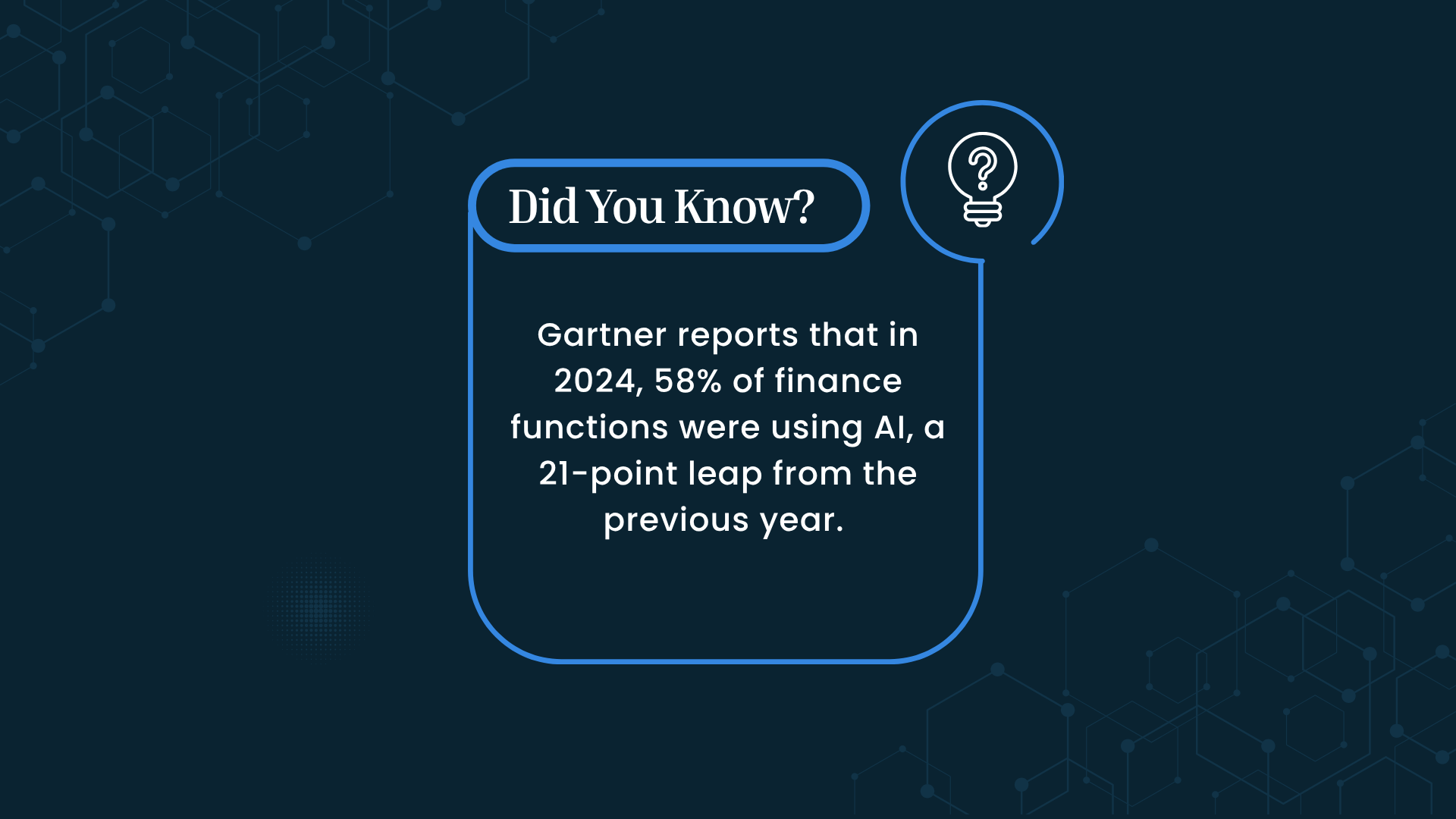 Did You Know? Gartner reports that in 2024, 58% of finance functions were using AI